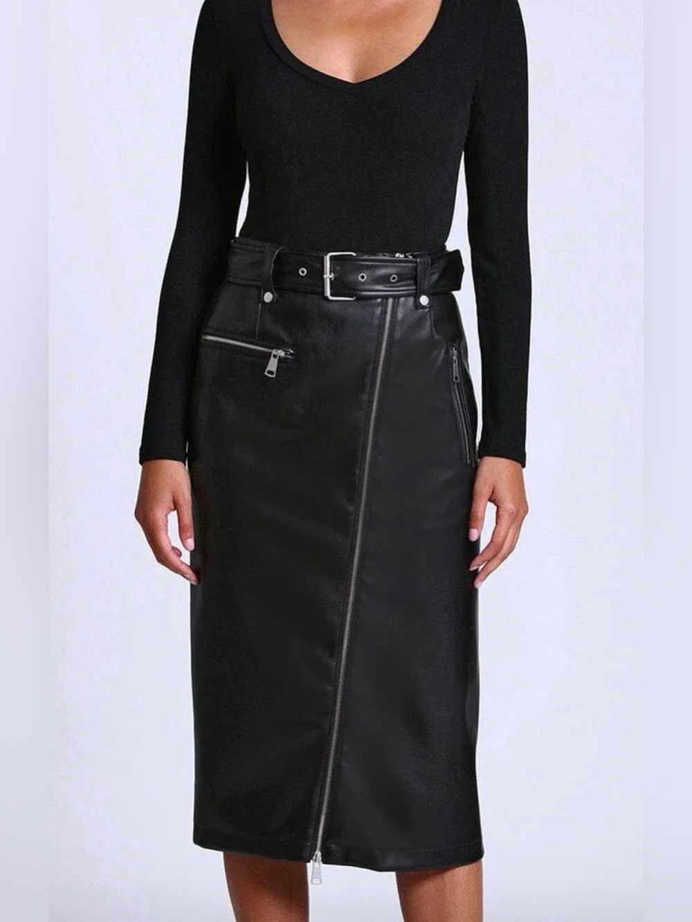 Avec Les Filles Black Faux Leather Midi Skirt with Belt & Zip Details
